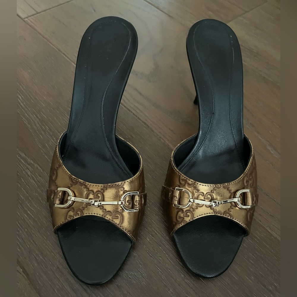 GUCCI Guccissima Gold Star Horsebit Metallic Leather Slides Heels EUR 39.5